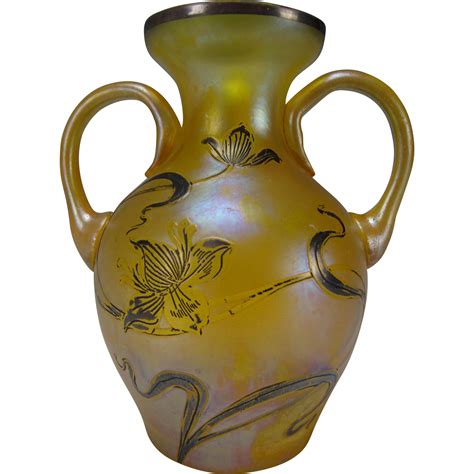 Art Nouveau Silver Overlay Loetz Riedel Iridescent Glass Cabinet Vase