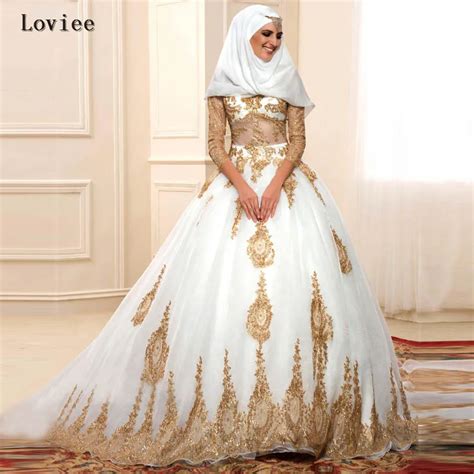 Acheter Or De Luxe Dentelle Dubaï Robe De Mariage Musulman Avec Hijab Robes De