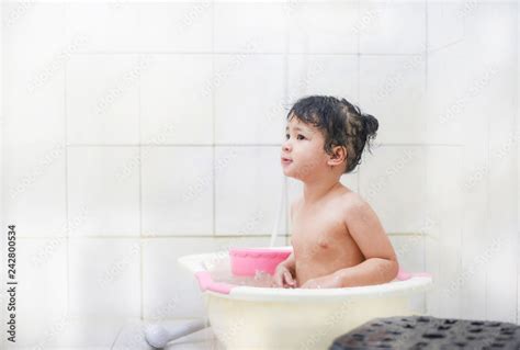 Children Shower Bathroom Asia Kid Girl Taking A Bath Playing Little