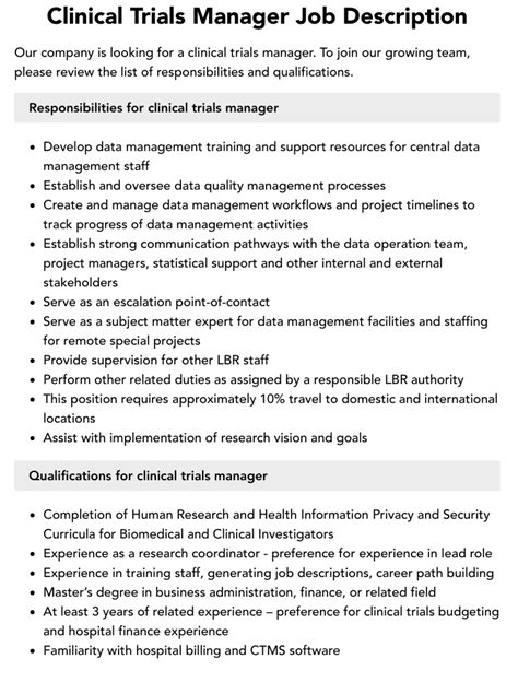 Clinical Trials Manager Job Description Velvet Jobs