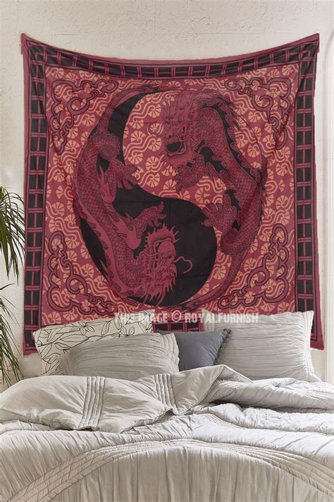 Maroon Queen Size Chinese Dragon Wall Tapestry Tie Dye Bedding