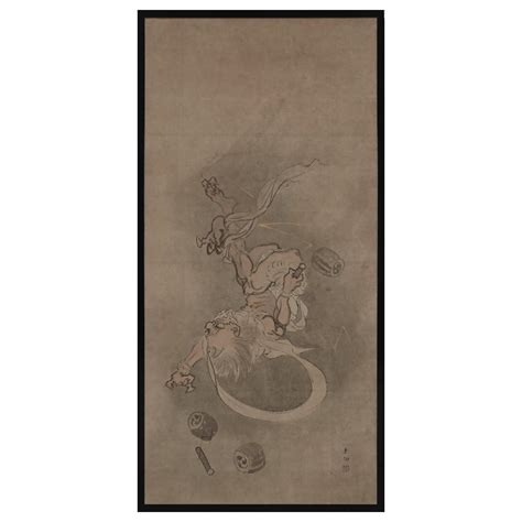 Late 18th Century Japanese Framed Painting God Of Thunder By Yamaguchi