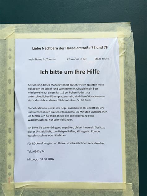 Außerdem bin ich in ihrem gebäude in der wohnung nummer 8 gewohnt. Vibratiionsalarm - Wenn der Nachbar einen in den Wahnsinn ...