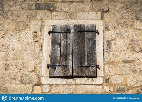 Closed Old Wooden Window On Stone Wall Stock Photo Image Of Vintage