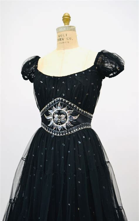 80s Vintage Bob Mackie Dress Black Tulle Sequin Star Gem