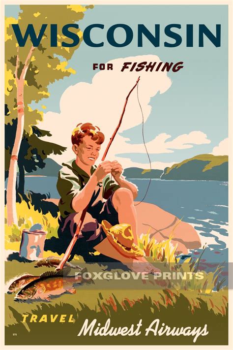 Wisconsin For Fishing Retro Travel Poster Vintage Wisconsin Travel