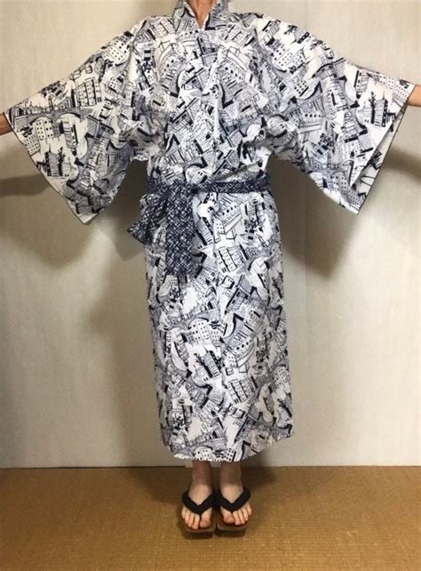 Japanese Kimono Robe Mens Cotton Yukata Blue White Etsy