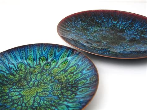 Mid Century Copper Enamel Art Plates By Jane Albright Cobalt
