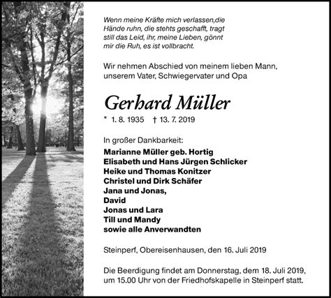 Finden sie hier traueranzeigen, todesanzeigen und beileidsbekundungen aus ihrer tageszeitung todesanzeigen der letzen 14 tage. Traueranzeigen von Gerhard Müller | trauer.mittelhessen.de