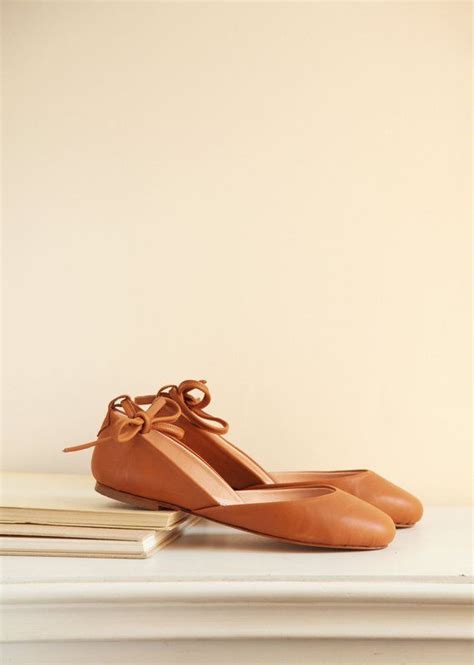 Cognac Brown Ballet Flats With Leather Ankle Ribbons Pointe Etsy