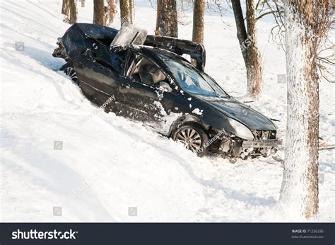 Car Crash Accident At Snow Road In Winter Stock Photo 71236336