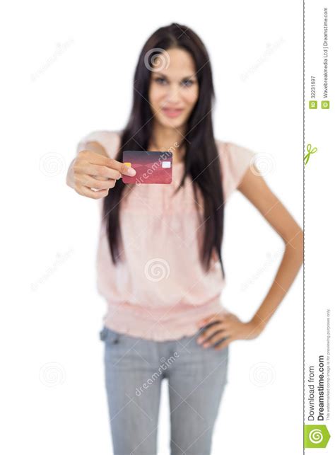 Brunette Showing Her Credit Card To Camera Stock Image Image Of Eyes Finance 32231697