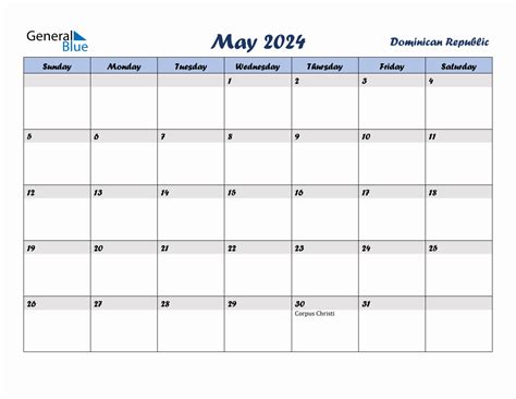 May 2024 Monthly Calendar Template With Holidays For Dominican Republic