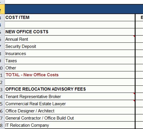 Office Relocation Budget Spreadsheet Template