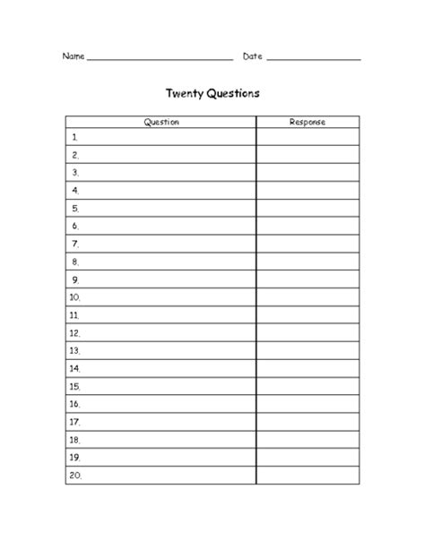 20 Questions Templates Question And Answer 20 Questions Templates