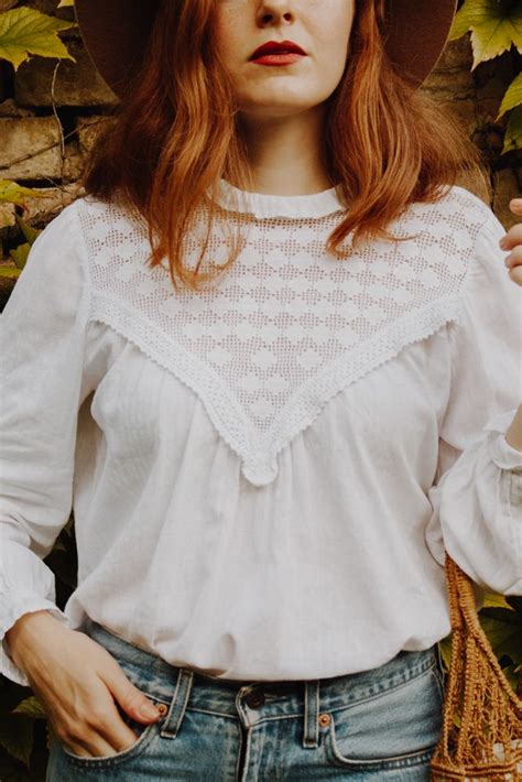 Victorian Mock Neck Vintage White Cotton Crochet Detail Blouse Outfit