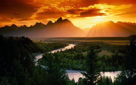 Sunset Mountains Clouds Landscapes Sun Forest Rivers