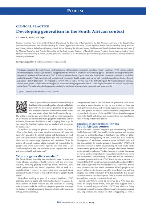 Pdf Developing Generalism In The South African Context