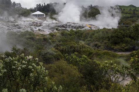 Geothermal Steam Flows From Hot Springs And Thermal Vents Stock Photo