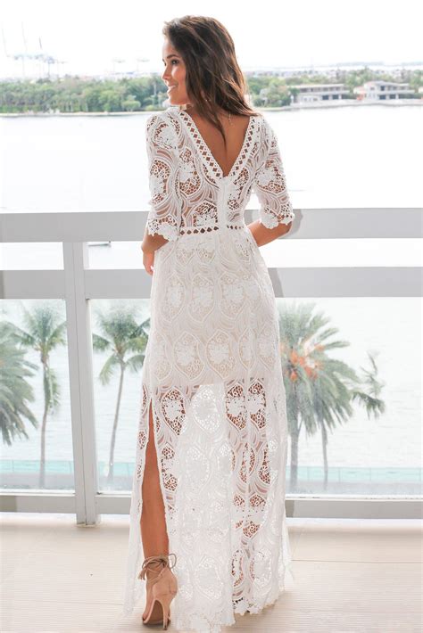 White Crochet Maxi Dress With Side Slits Maxi Dress Crochet Maxi