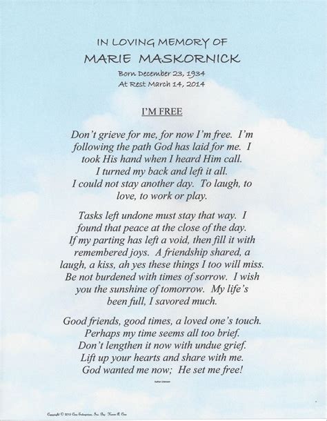 In Loving Memory With Im Free Poem Shown On Clouds Background