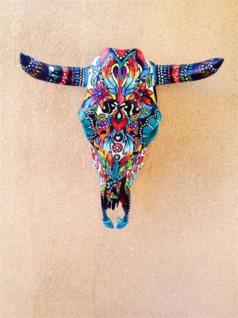 Steerskull Vibrant And Colorful Abstract With Feathers Cow Skull Art