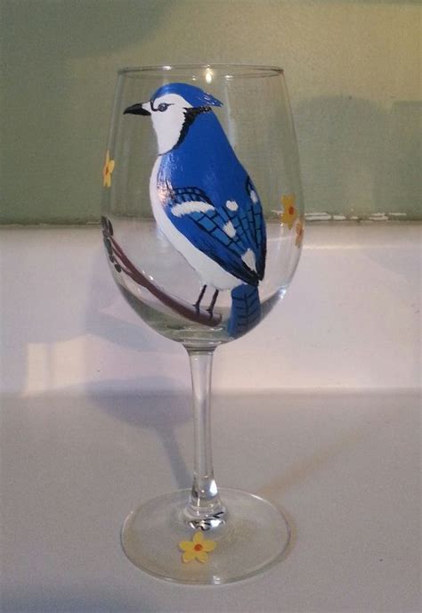 Blue Jay Bird Wine Glass Hand Painted Etsy Hand Painted Wine Glass