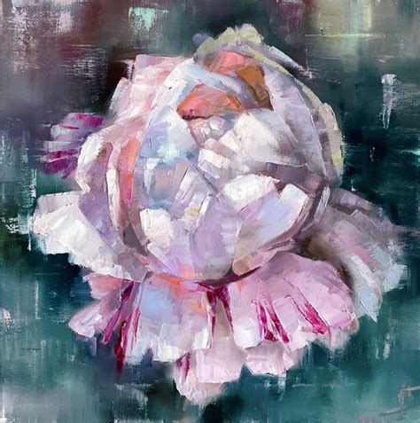 Pink Peony Original Oil Painting Dark And Pink Colors Square Etsy