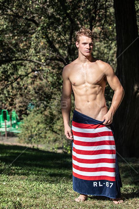 Sexy Shirtless Man In An American Flag Towel Outdoors Rob Lang Images