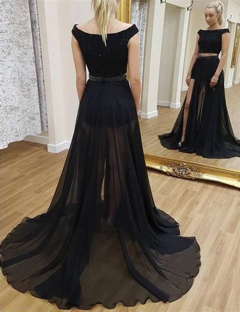 A Line Two Piece Detachable Black Prom Dresses Sequin Short Sleeves