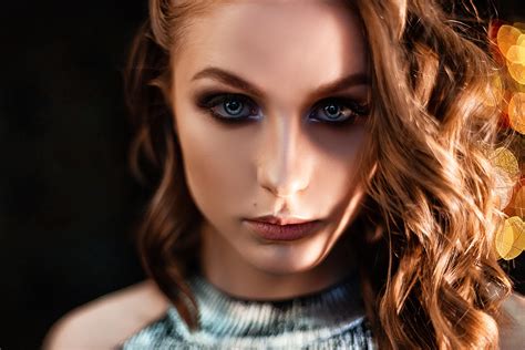Women Model Brunette Portrait Looking At Viewer Face Bare Shoulders Bokeh Lights Eyelashes Gray