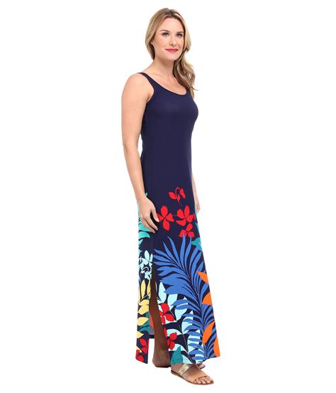 Tommy Bahama Tropical Leaf Engineered Chirred Long Tank Dress W Slits Cover Up In Blue Lyst