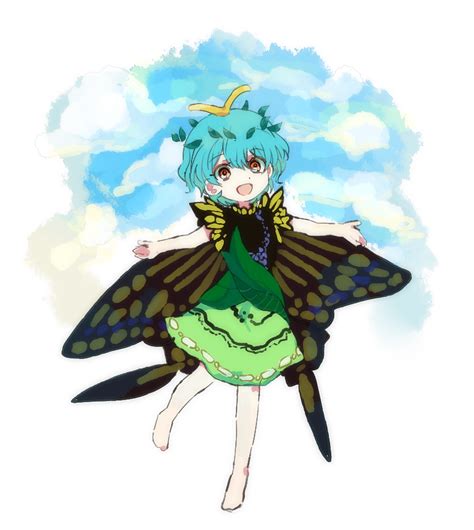 Safebooru 1girl Antennae Aqua Hair Barefoot Blush Butterfly Wings Dress Eternity Larva