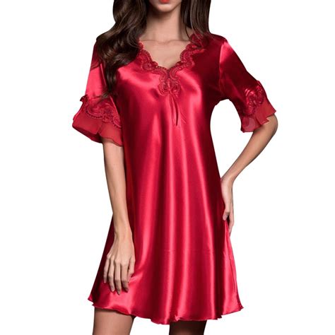 Himone Women Satin Sleepwear Dress V Neck Short Sleeve Silk Nightgown Lace Sleep Lingerie