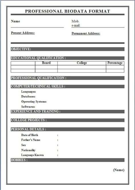 Dont panic , printable and downloadable free 12 13 sample of biodata for job lasweetvida com we have created for. Biodata Format For Job Application - Download Sample Biodata Form