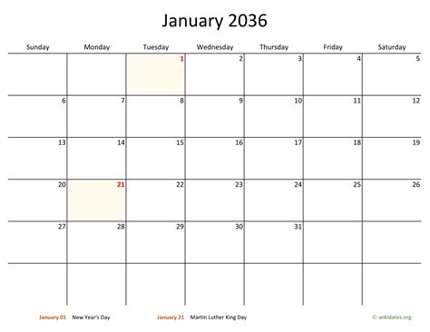 Monthly 2036 Calendar With Bigger Boxes