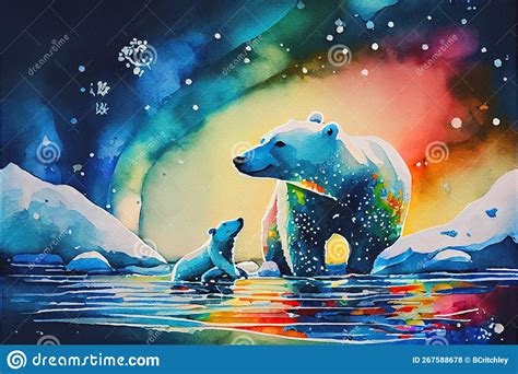 Polar Bear And Cub In Water Due To Melting Ice Stock Illustration