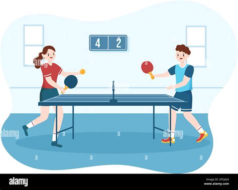 People Playing Table Tennis Sports With Racket And Ball Of Ping Pong