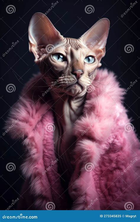 Sphynx Cat Wearing Pink Fur Coat Naked Cat Kitten Without Wool Cat