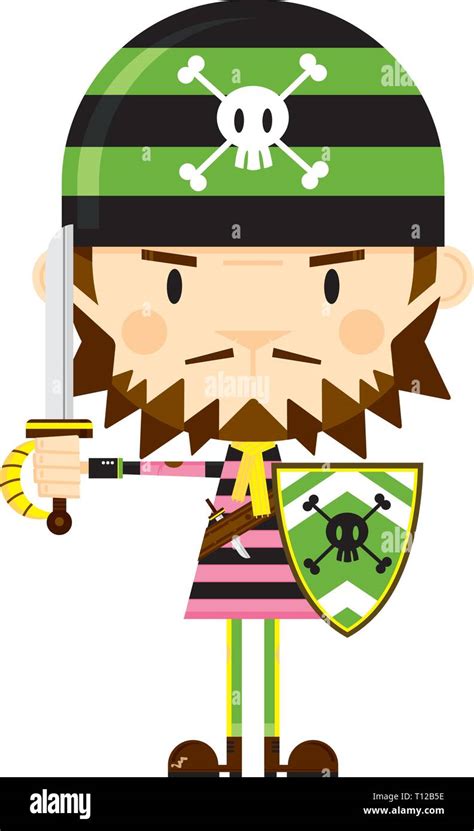 Cute Cartoon Pirate With Sword And Shield Stock Vector Image And Art Alamy