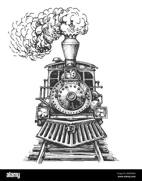 Hand Drawn Retro Train Sketch Vintage Steam Locomotive Engraving