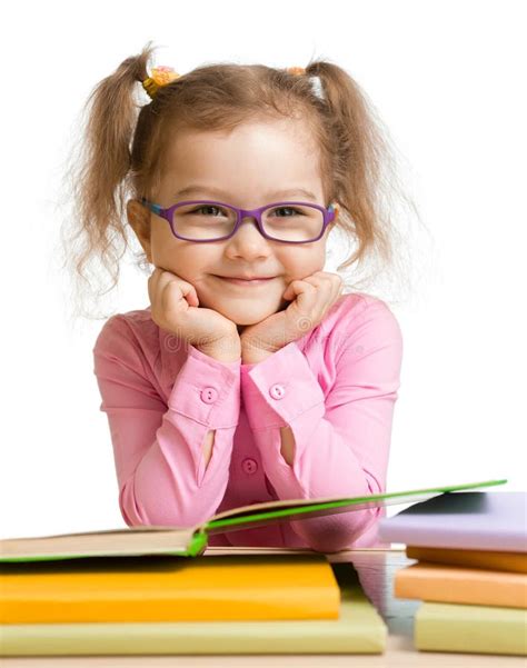 Child Girl In Glasses Reading Book And Smiling Stock Photo Image Of