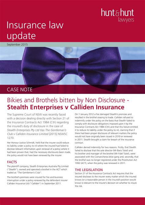 Pdf Hunt And Hunt Lawyers Insurance Law Update Bikies And Brothels