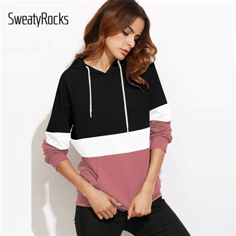 Sweatyrocks Cut And Sew Raglan Sleeve Pocket Hoodies Women Sweatshirt