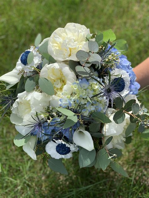Bridal Bouquet With Hydrangea Roses Anemone Blue Thistle White
