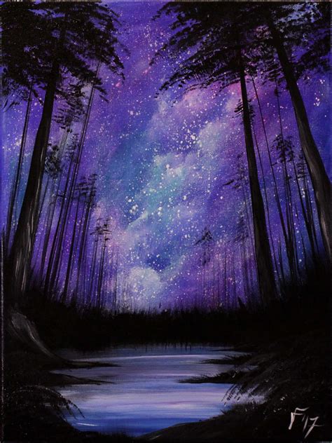 Starry Night In The Forest Silhouette Painting Landscape Paintings