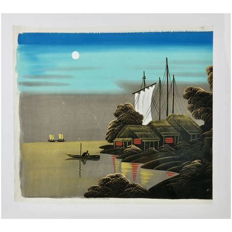 Japanese Seascape Landscape In Moonlight Painting On Silk C1950s