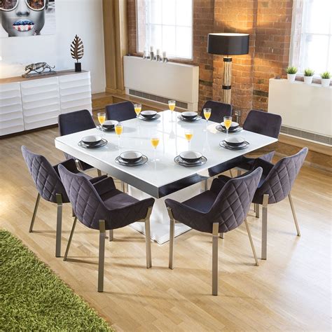 Large Square White Glass Gloss Dining Table 8 Dark Grey Carver Chairs