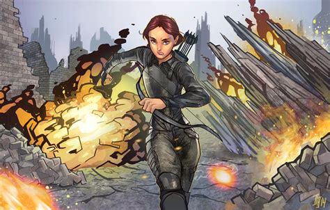Обои девушка взрыв лук арт руины стрелы лучник Hunger Games