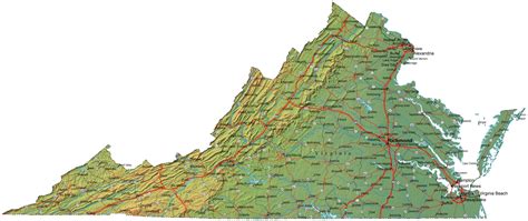 Virginia State Map Plus Terrain With Cities And Roads Map Resources